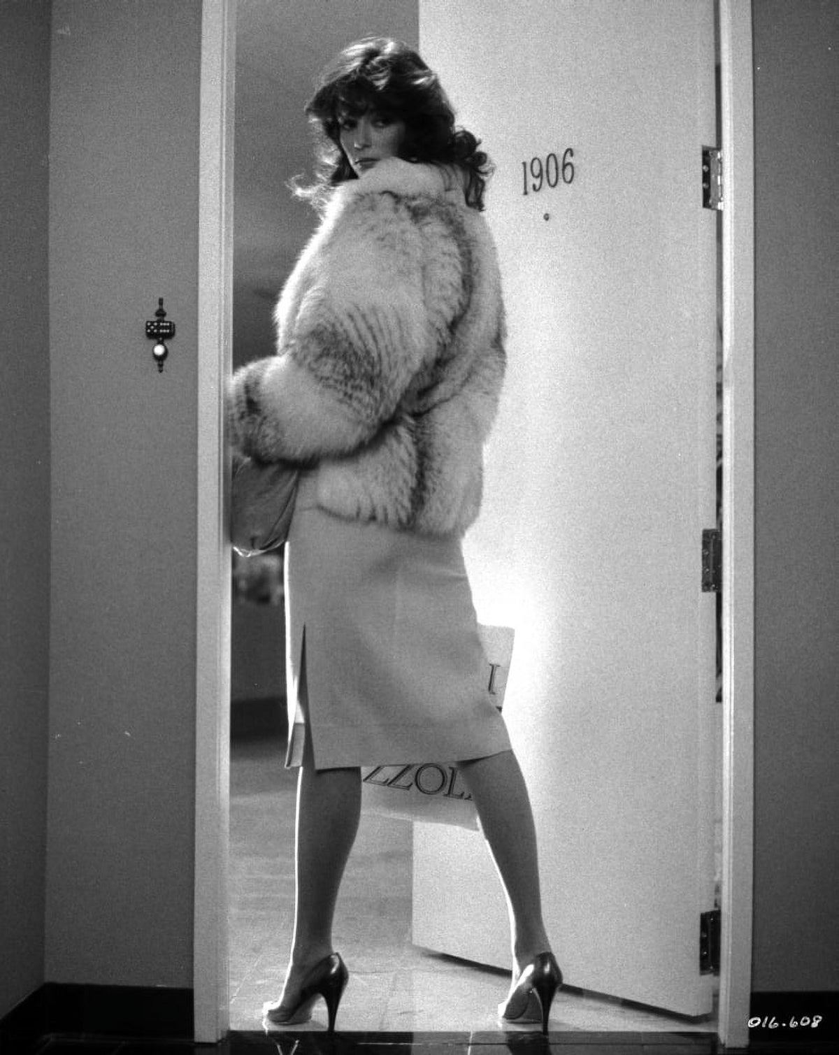 Rachel Ward posed in a fur coat - black and white portrait photo print