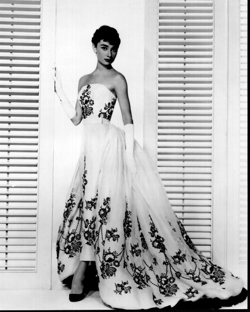 Audrey Hepburn in a floral dress black and white photo print from Sabrina.
