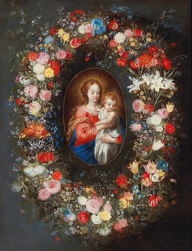 Madonna and Child surrounded by a floral garland poster print by Jan Brueghel the Younger.