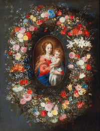 Madonna and Child surrounded by a floral garland poster print by Jan Brueghel the Younger.