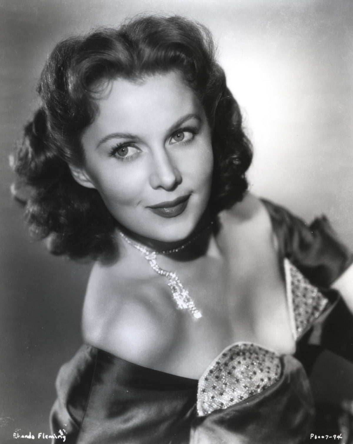 Rhonda Fleming smiling in dress photo print, vintage Hollywood art.