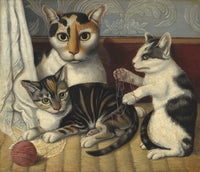 Charming Cat and Kittens Naïve Art Print featuring a playful cat and two kittens with a ball of yarn.
