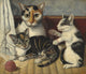 Charming Cat and Kittens Naïve Art Print featuring a playful cat and two kittens with a ball of yarn.