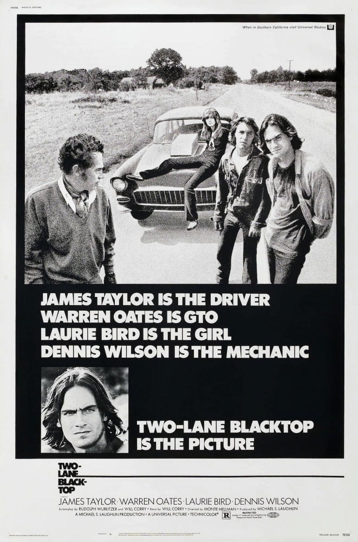 Two-Lane Blacktop movie poster featuring Warren Oates, Laurie Bird, and Dennis Wilson.