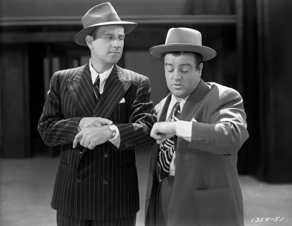 Abbott & Costello vintage photo print in suit and hat, capturing classic comedy.