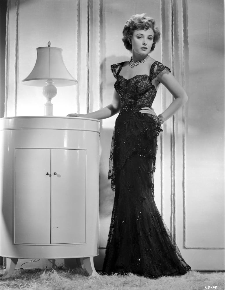 Black and white photo print of Laraine Day wearing a black dress