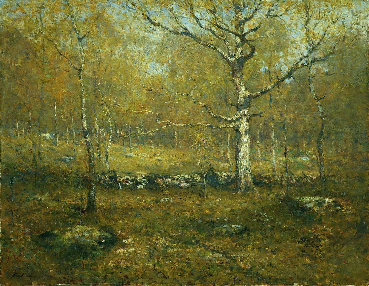 Spring Woods poster print by Henry Ward Ranger showcasing a serene forest scene.
