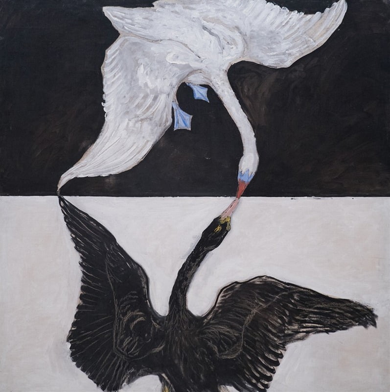 The Swan No. 1 art print by Hilma af Klint (1915) showcasing vibrant colors and abstract forms.