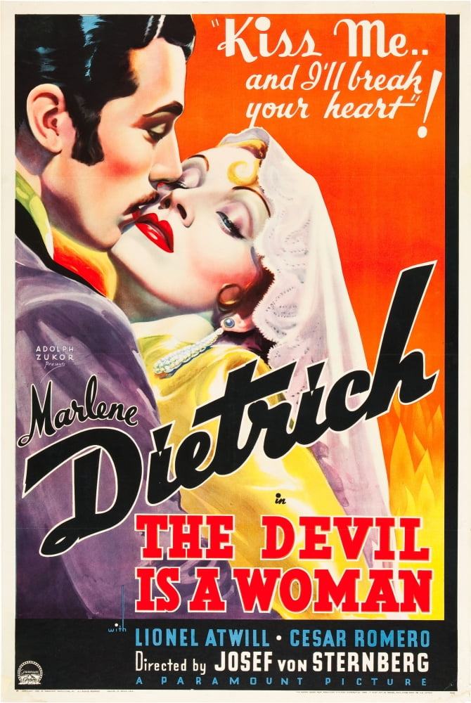 The Devil Is A Woman movie poster print featuring Cesar Romero and Marlene Dietrich, 1935.