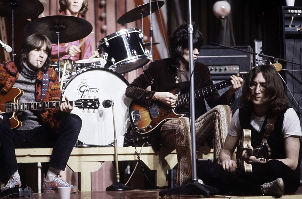 John Lennon on stage with Eric Clapton, Mitch Mitchell, and Keith Richards photo print.