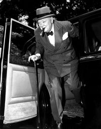 Winston Churchill Photo Print with a classic car, 8x10 size.