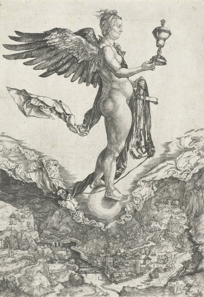 Nemesis print by Albrecht Durer featuring the winged goddess of divine retribution on a globe.