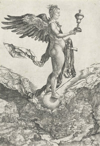 Nemesis print by Albrecht Durer featuring the winged goddess of divine retribution on a globe.