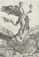 Nemesis print by Albrecht Durer featuring the winged goddess of divine retribution on a globe.
