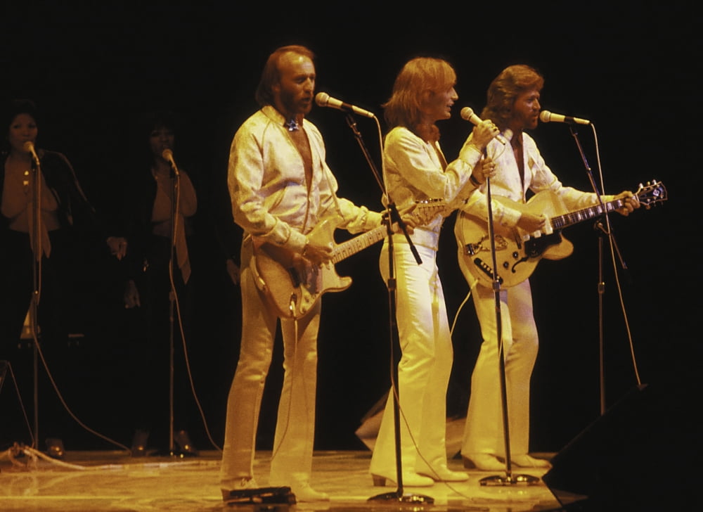 The Bee Gees live performance photo print, capturing iconic musical moments.