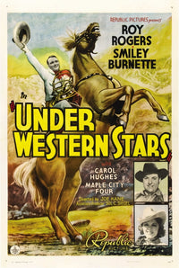 Under Western Stars Movie Masterprint Poster featuring Roy Rogers, Smiley Burnette, and Carol Hughes.