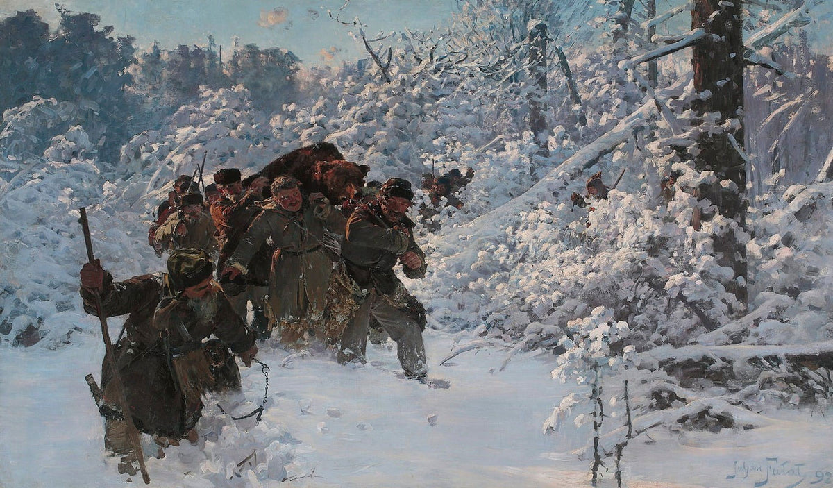 'Return from the Bear Hunt' art print by Julian Falat, showcasing hunters in a beautiful natural setting.