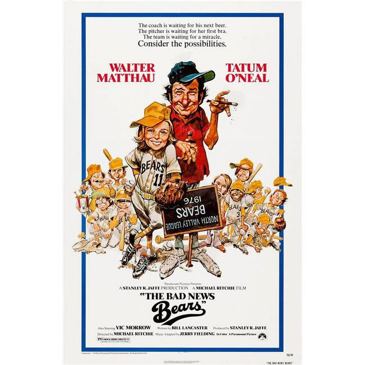 The Bad News Bears movie poster print featuring Tatum O'Neal and Walter Matthau.
