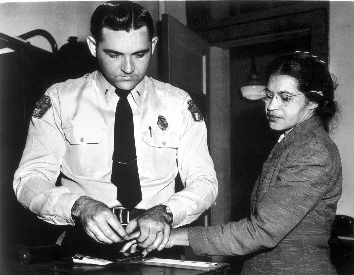 Rosa Parks photo print featuring fingerprint stamps, symbolizing civil rights legacy.