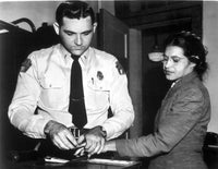 Rosa Parks photo print featuring fingerprint stamps, symbolizing civil rights legacy.