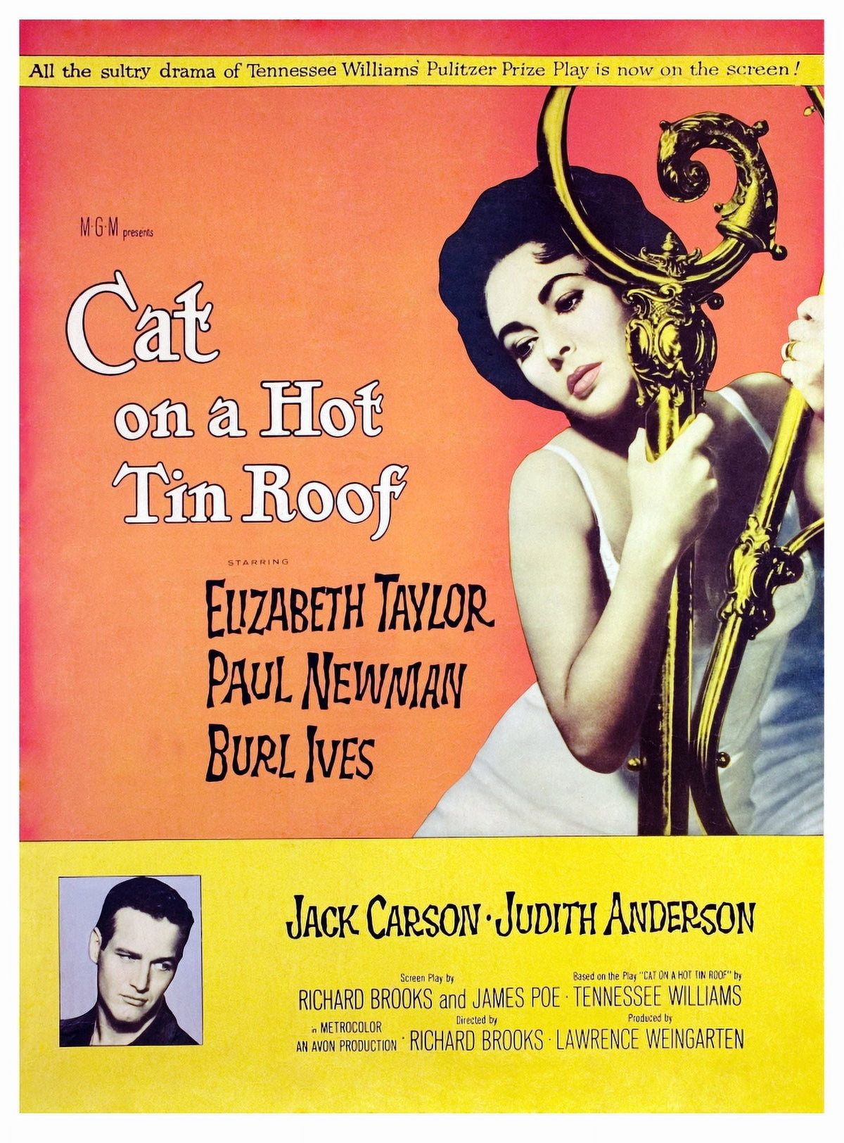 Cat On A Hot Tin Roof movie poster featuring Elizabeth Taylor and Paul Newman, 1958