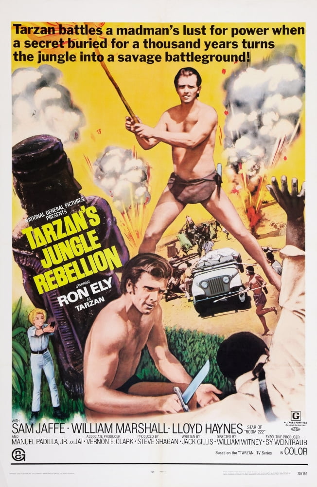 Jungle Rebellion movie poster featuring Ron Ely as Tarzan in vibrant colors.