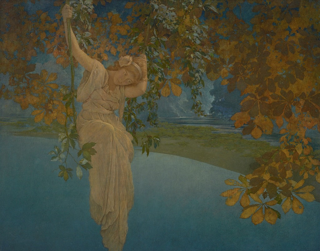 Reveries poster print by Maxfield Parrish showcasing ethereal colors and dreamy landscapes.