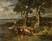 Moutons à l'Abreuvoir art print by Charles Emile Jacque depicting sheep by a watering trough.