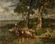 Moutons à l'Abreuvoir art print by Charles Emile Jacque depicting sheep by a watering trough.