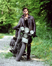 John Stamos motorcycle portrait photo print in brown jacket.