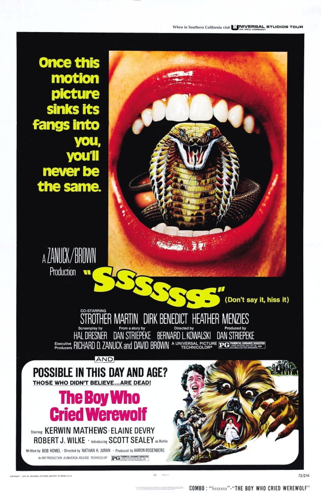 Sssssss and The Boy Who Cried Werewolf double bill movie poster from 1973.