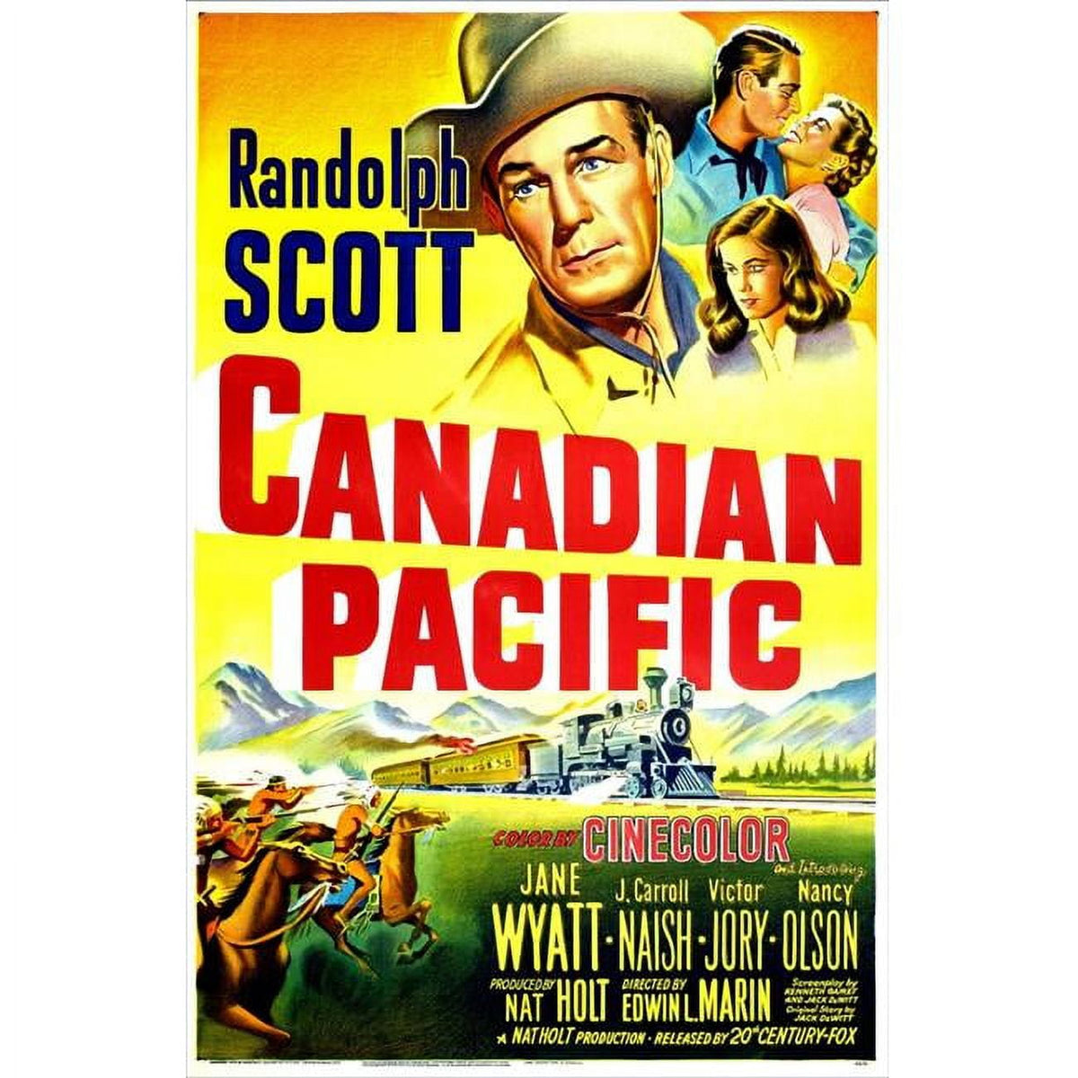 Canadian Pacific Movie Poster Print featuring Randolph Scott, Jane Wyatt, and Nancy Olson from 1949