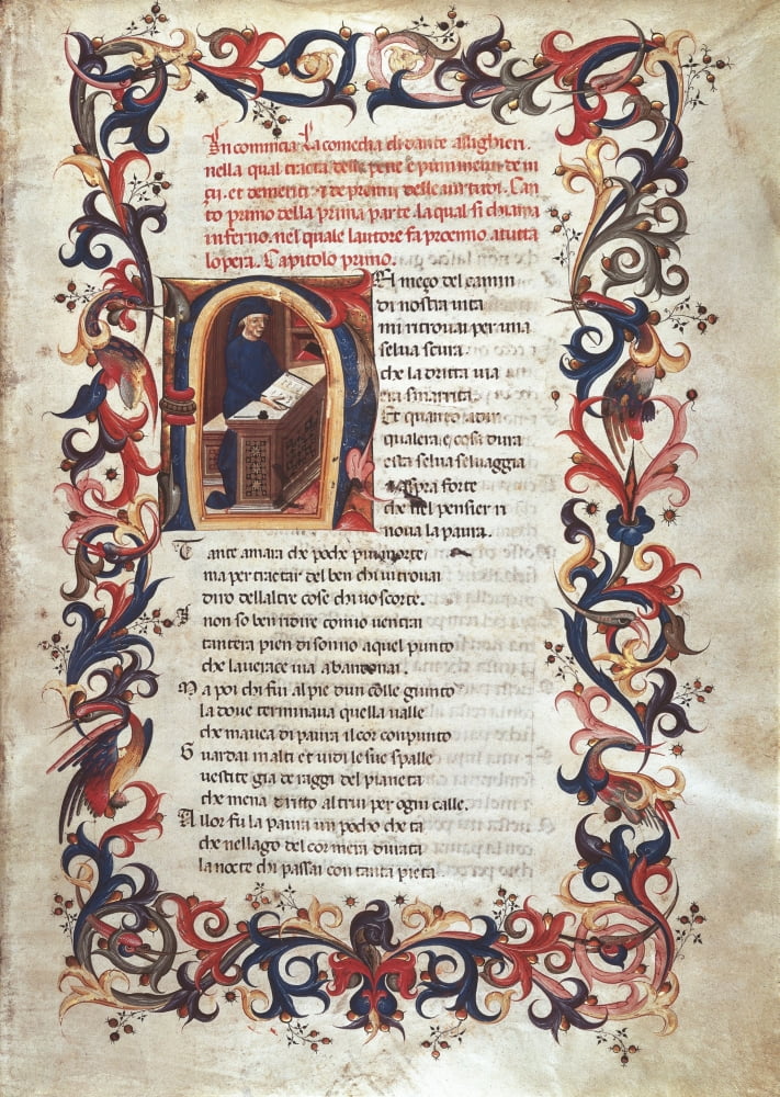 The Divine Comedy: Dante Writing miniature painting poster print from the National Library in Madrid, Spain.