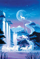 White Unicorn Falls Poster Print featuring a unicorn and waterfall by Robin Koni.
