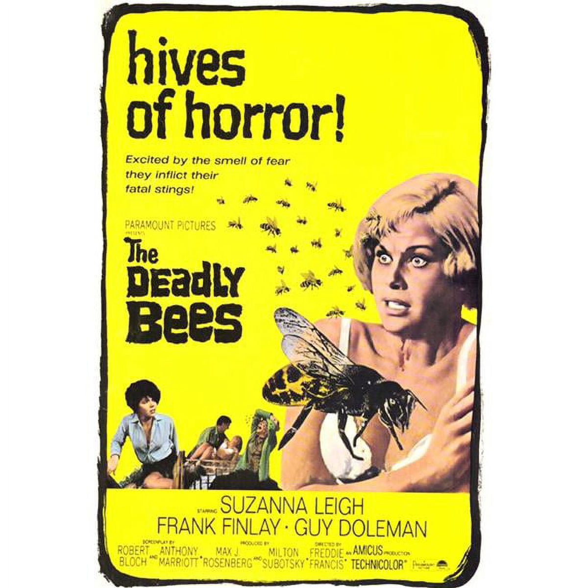 The Deadly Bees 1967 movie poster print featuring Katy Wild, Guy Doleman, Suzanna Leigh, and Catherine Finn.