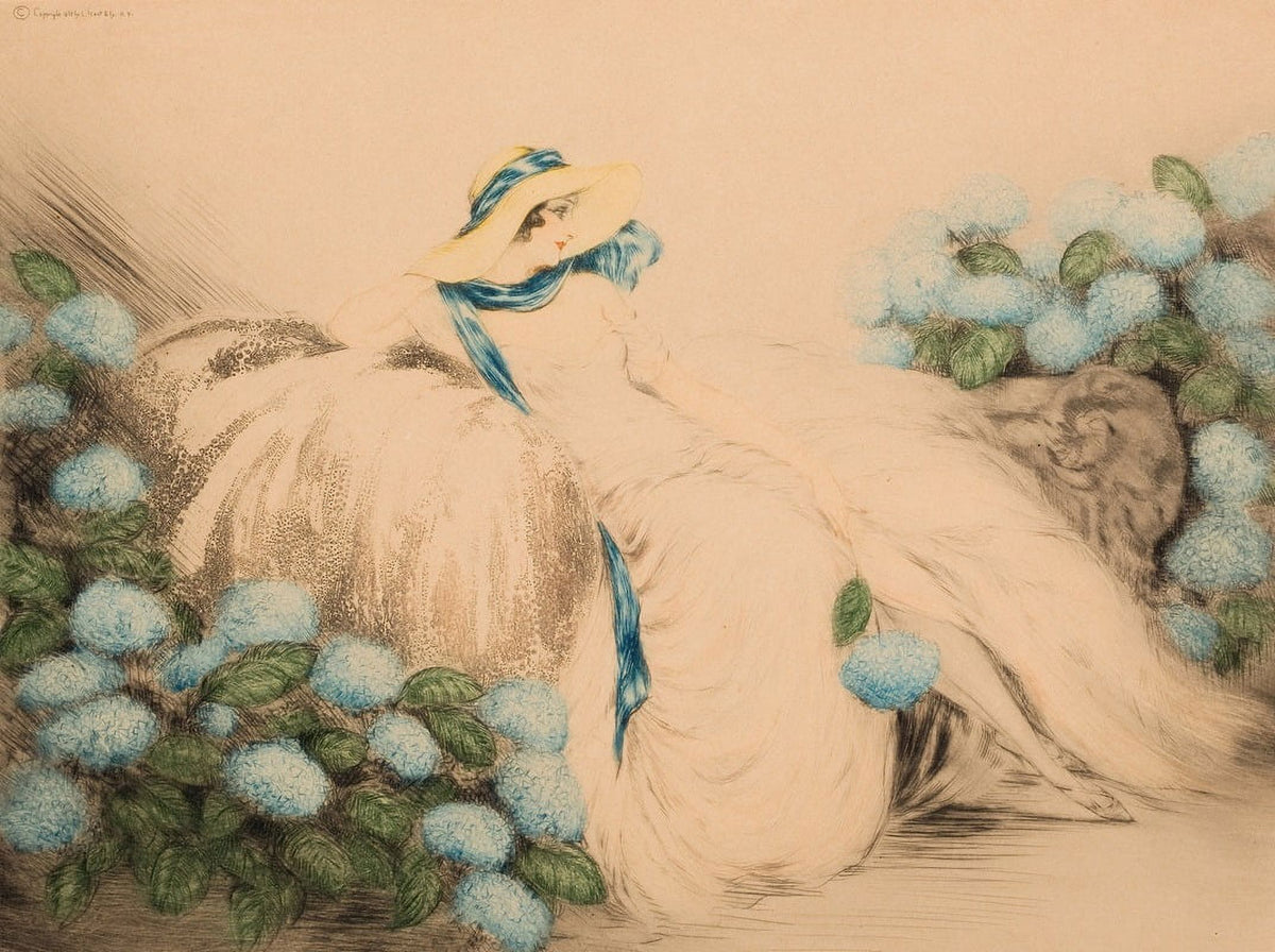 Lady with Blue Flowers art print by Louis Icart featuring elegant floral design.