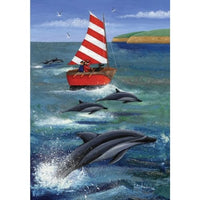 Sailing With Dolphins Poster Print by Peter Adderley showcasing dolphins in the ocean.