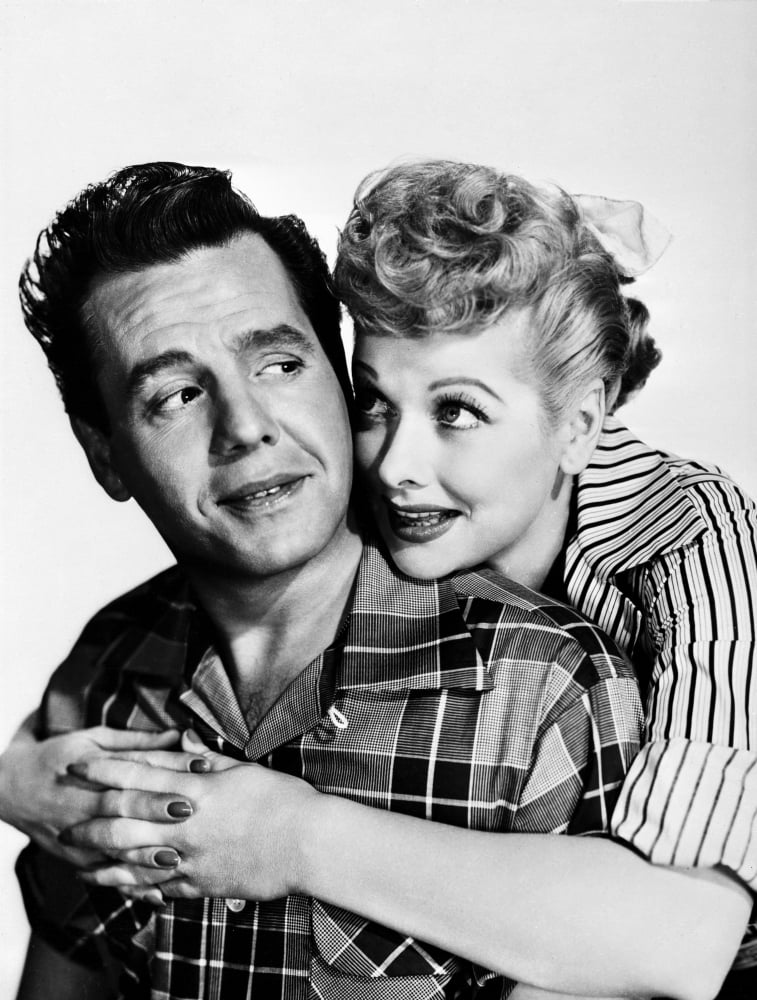 Lucille Ball hugging in stripes photo print, classic television art.