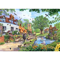 Village in Spring Poster Print by Steve Crisp displaying vibrant flowers and greenery.