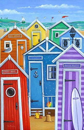 Rainbow Beach Huts Poster Print by Peter Adderley showcasing colorful beach huts.