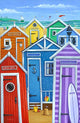 Rainbow Beach Huts Poster Print by Peter Adderley showcasing colorful beach huts.