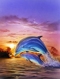 Sunset Dolphins Poster Print by Robin Koni - Vibrant ocean artwork.
