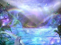 Waimai Dolphin Poster Print by Alixandra Mullins showcasing playful dolphins in clear waters.