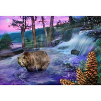 Tahoe Bear Sunset Poster Print by Alixandra Mullins showcasing a bear silhouette against a colorful sunset.