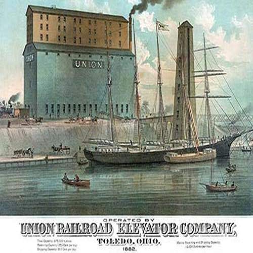 Vintage scene of a ship unloading at a grain elevator with carts and train.