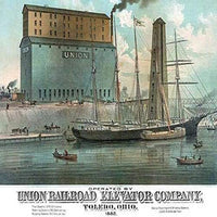 Vintage scene of a ship unloading at a grain elevator with carts and train.