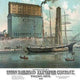 Vintage scene of a ship unloading at a grain elevator with carts and train.
