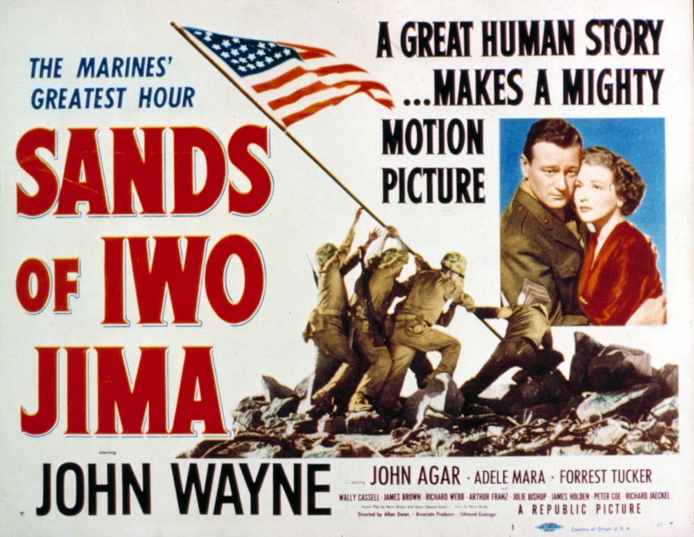 Sands of Iwo Jima movie poster featuring John Wayne, 1949 classic film print.