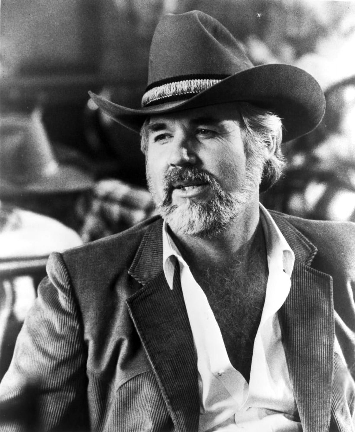 Kenny Rogers photo print in cowboy outfit, perfect for country music decor.