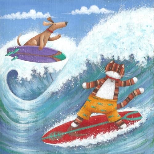 Cat and Dog Surfing Poster Print by Peter Adderley featuring playful pets on surfboards.